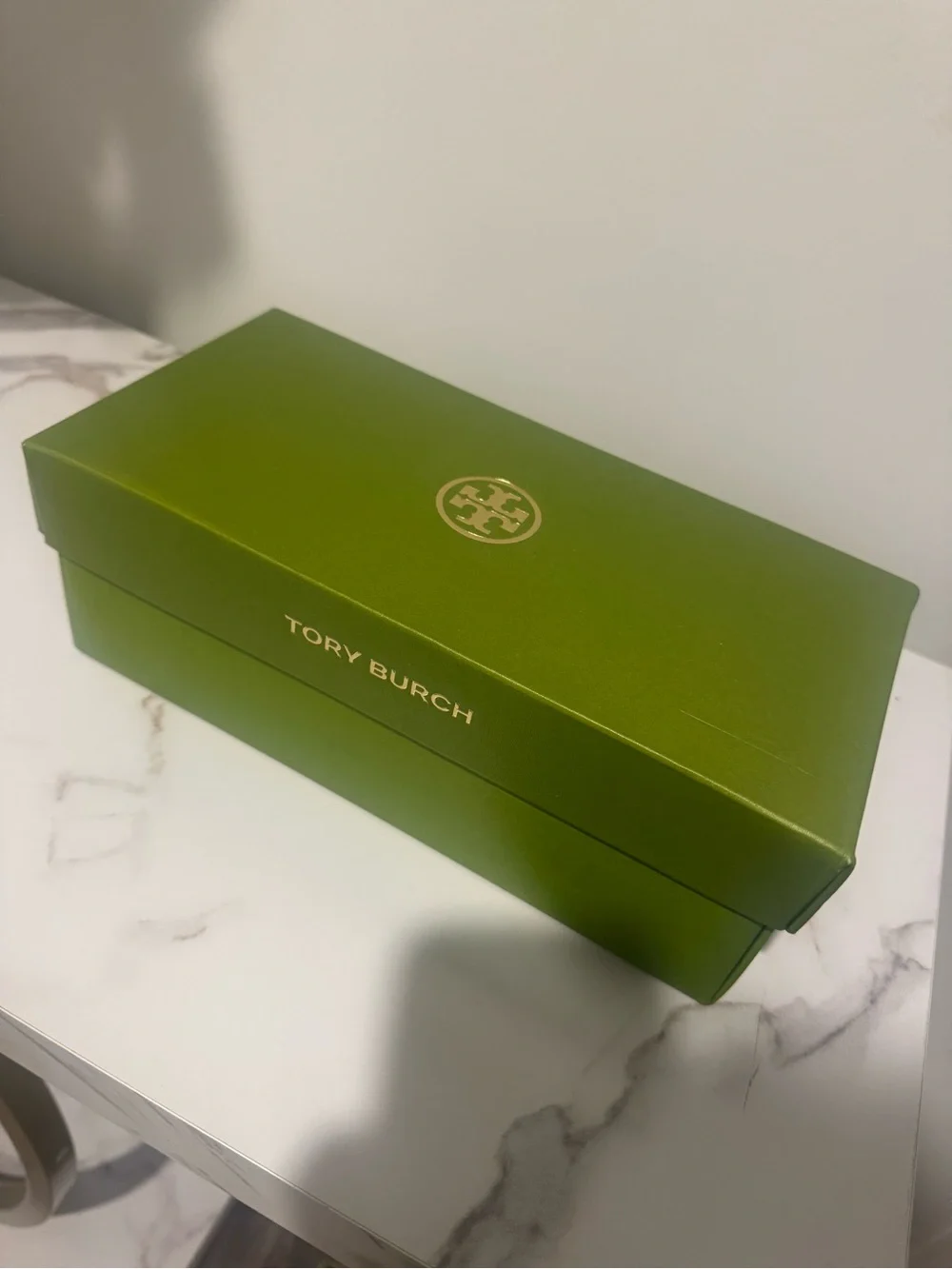 Tory Burch Olive Green Velvet Drawstring Pouch and Shoe Box with Gold Logo